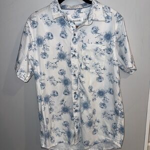 Men's Floral Hawaiian Blue Button Down Shirt Short Sleeve Size Small Coal Cotton